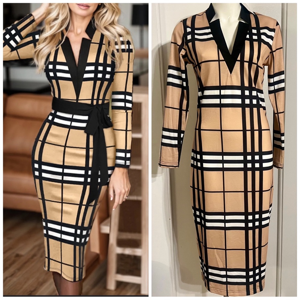 NWT Elegant Tan and Black Check Pattern Dress Size Small (fits Medium)